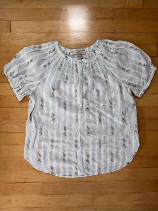 LOFT Tops - LOFT Blue Smocked Floral Stripe Puff Sleeve Blouse Boho Cottagecore Size S